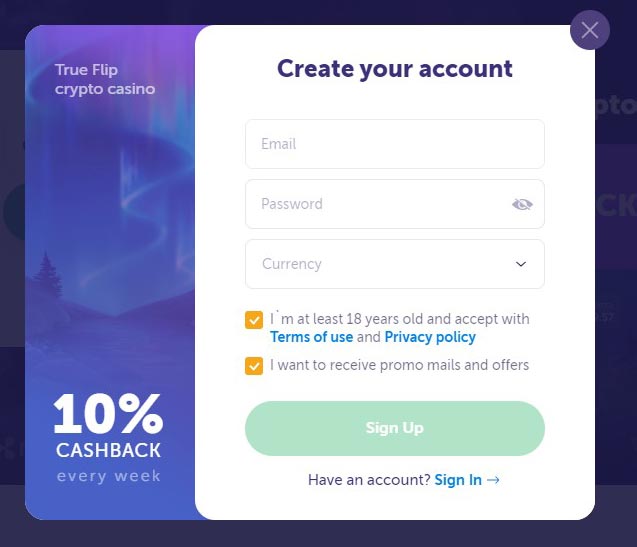 create an account on TrueFlip.io step2 CasinosBitcoin.io